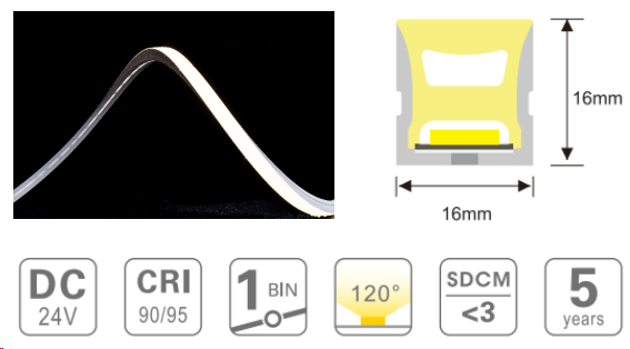 16*16mm Silicone Neon Strip Ip67 Ip68 12w/M Top Bend 24v Neon Rope Light Strip