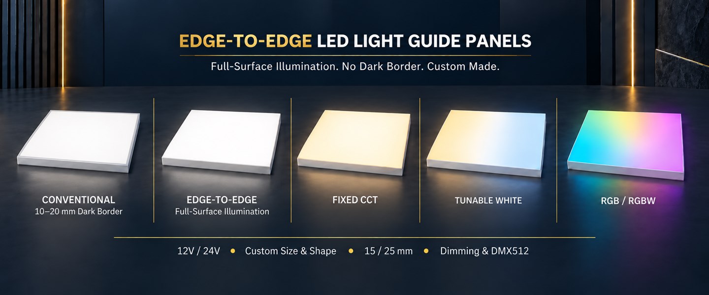 Custom edge-to-edge LED light guide panels in fixed CCT, tunable white and RGBW